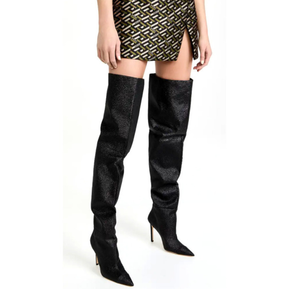 Good American NEW Slouch Over the Knee Black Glitter Stiletto Heel Boots 7‎